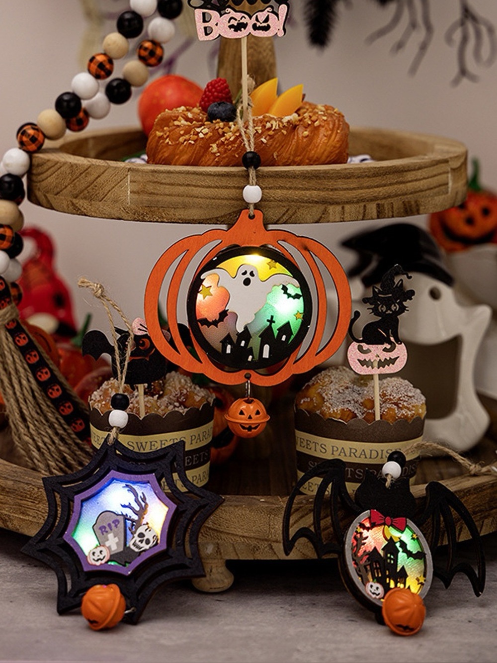Halloween LED Lighted Wooden Hanging Decorative Ornaments Set
